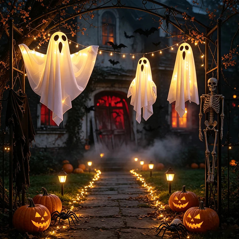 Halloween Hanging Light Up Ghost Lamp, Battery Operated LED Fabric Ghost Light Decor, Spooky Hanging Ghost Ornament for Bedroom