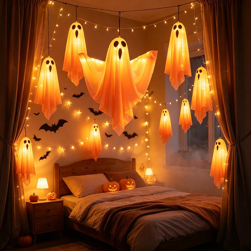 Halloween Hanging Light Up Ghost Lamp, Battery Operated LED Fabric Ghost Light Decor, Spooky Hanging Ghost Ornament for Bedroom